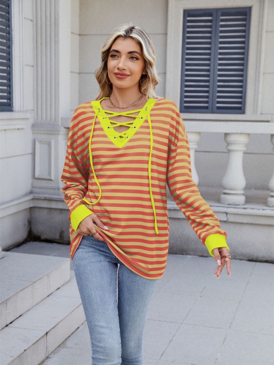 Lace - Up Striped Long Sleeve T-Shirt - Body Central