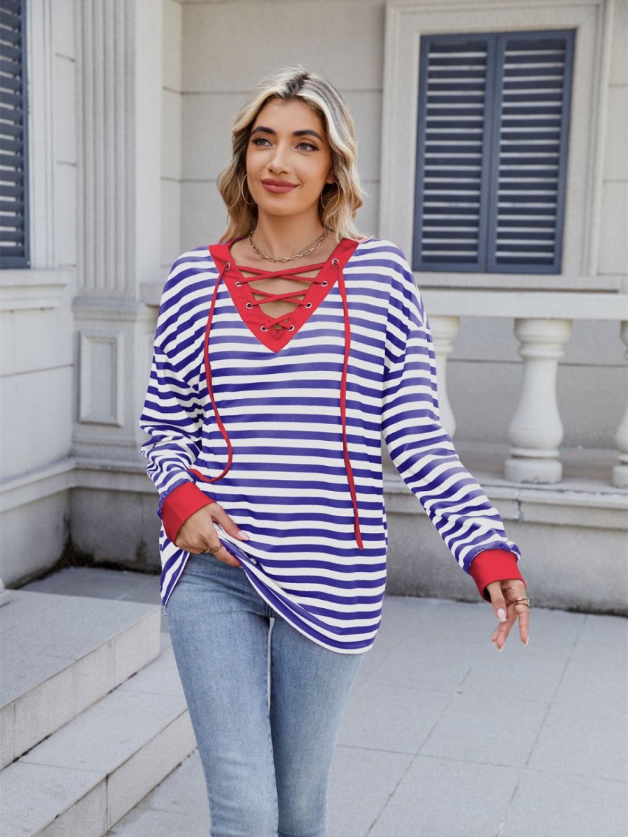 Lace - Up Striped Long Sleeve T-Shirt - Body Central