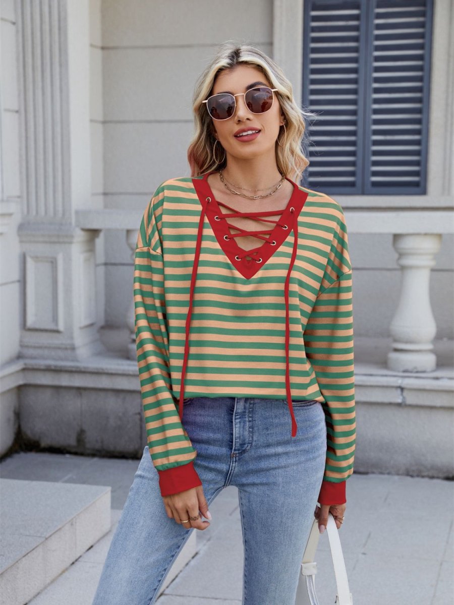 Lace - Up Striped Long Sleeve T-Shirt - Body Central