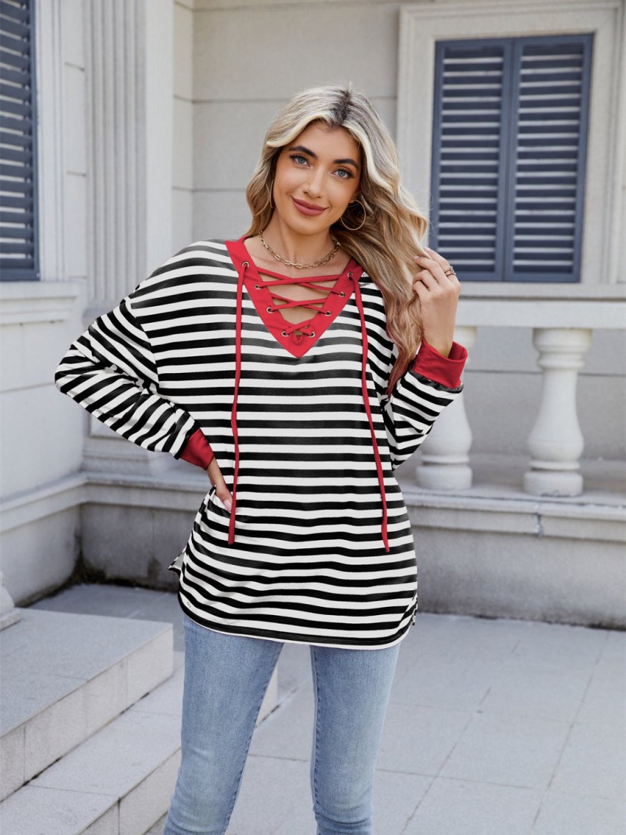 Lace - Up Striped Long Sleeve T-Shirt - Body Central