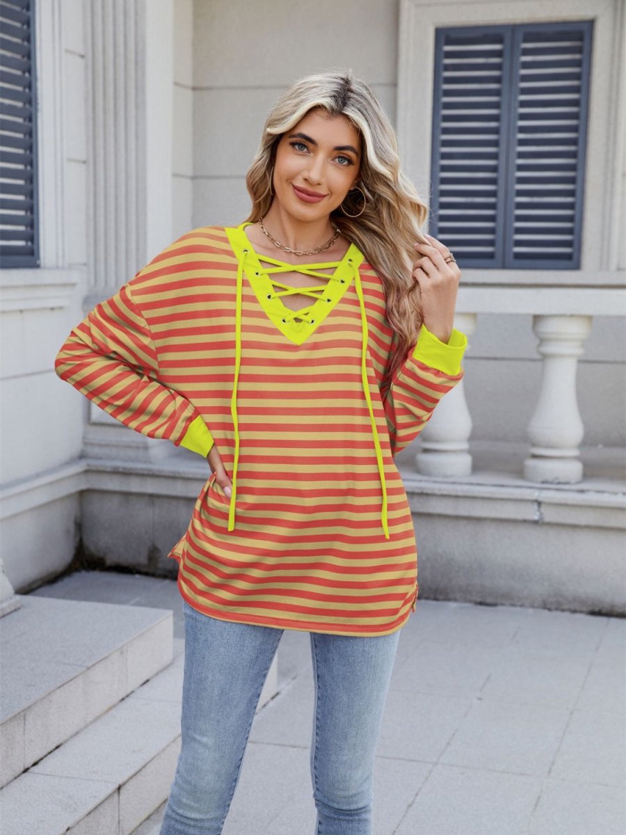 Lace - Up Striped Long Sleeve T-Shirt - Body Central