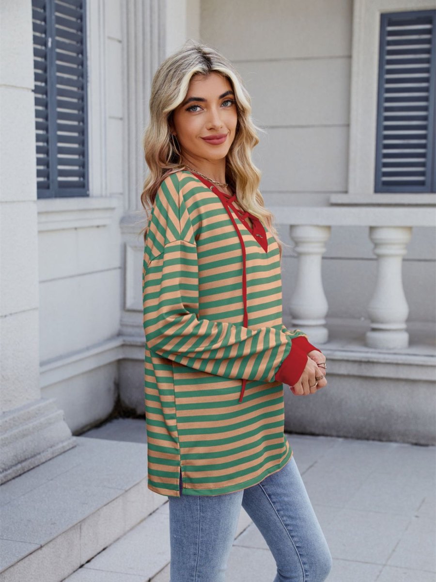Lace - Up Striped Long Sleeve T-Shirt - Body Central