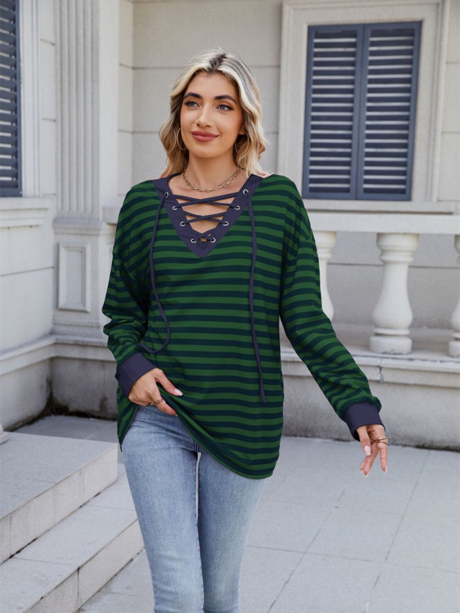 Lace - Up Striped Long Sleeve T-Shirt - Body Central