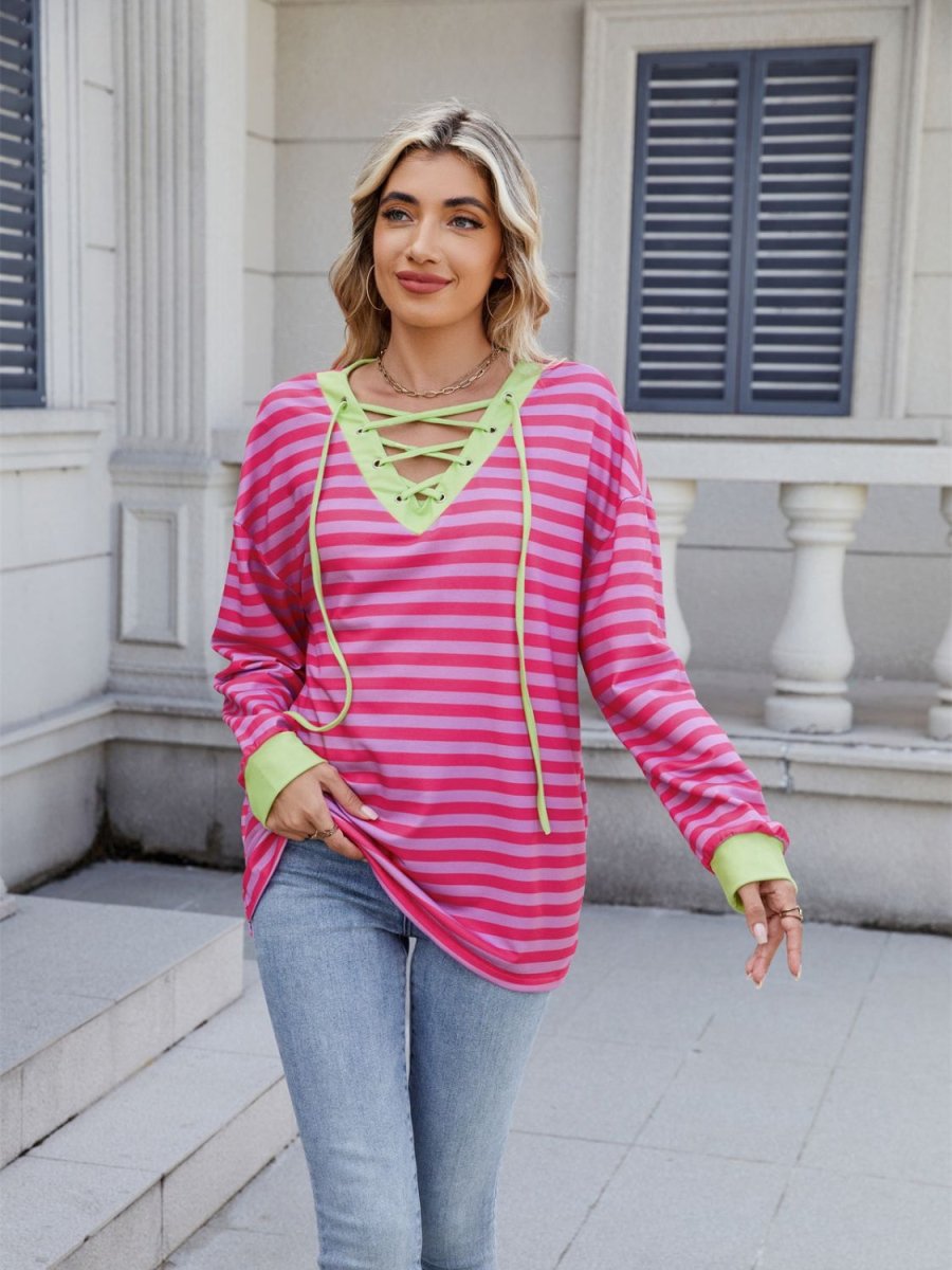 Lace - Up Striped Long Sleeve T-Shirt - Body Central