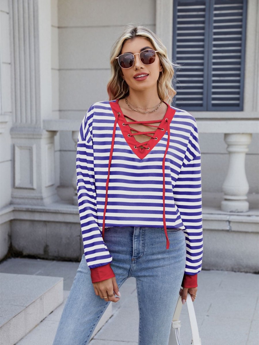 Lace - Up Striped Long Sleeve T-Shirt - Body Central