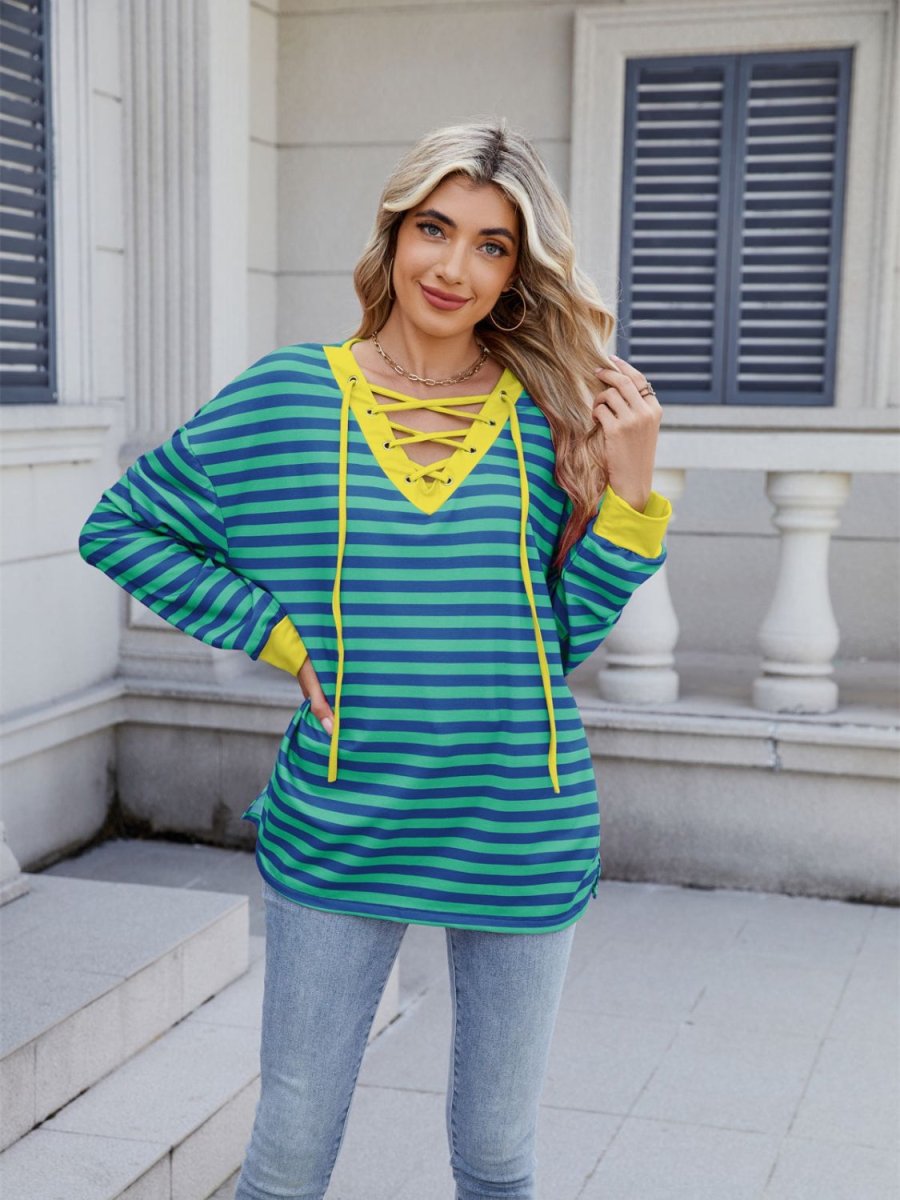Lace - Up Striped Long Sleeve T-Shirt - Body Central