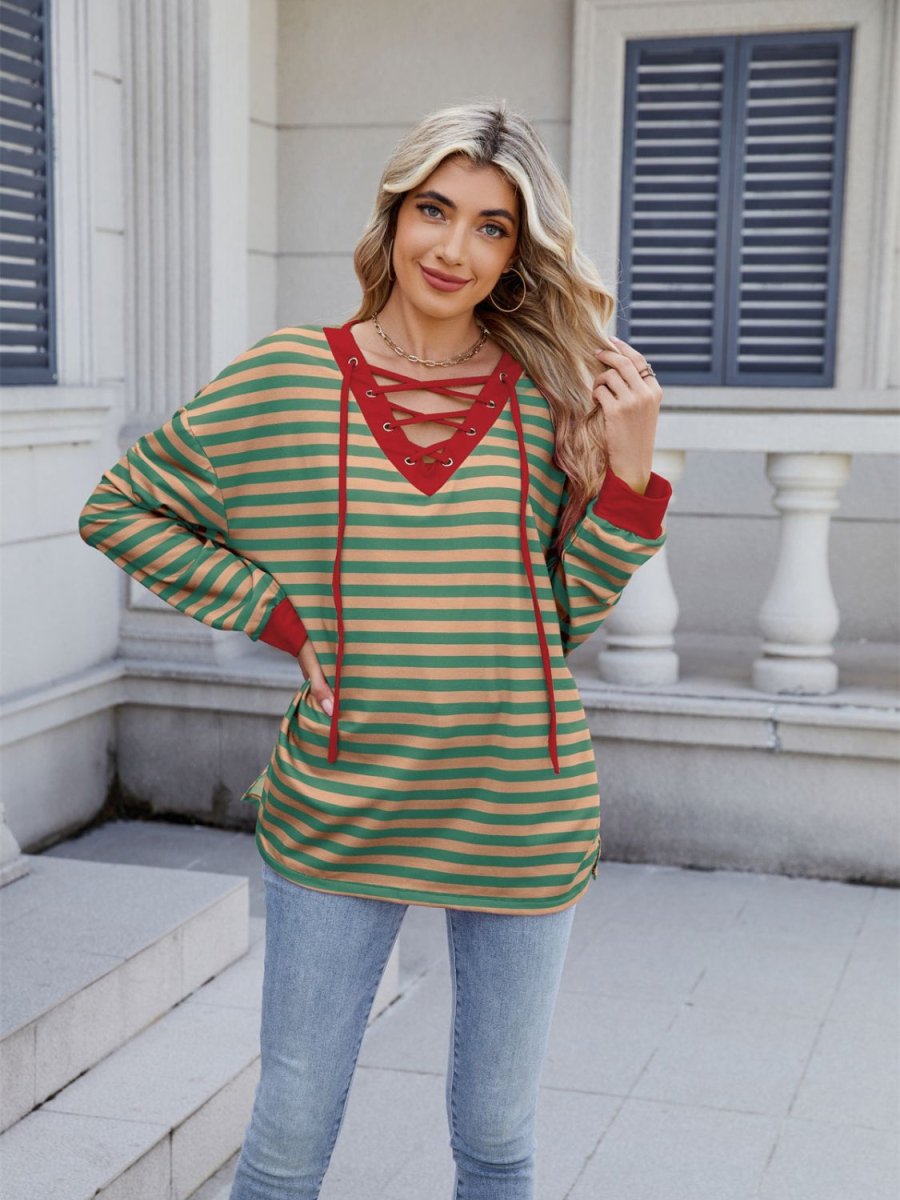 Lace - Up Striped Long Sleeve T-Shirt - Body Central