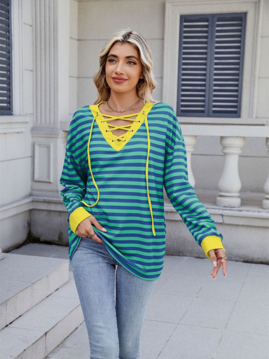 Lace - Up Striped Long Sleeve T-Shirt - Body Central