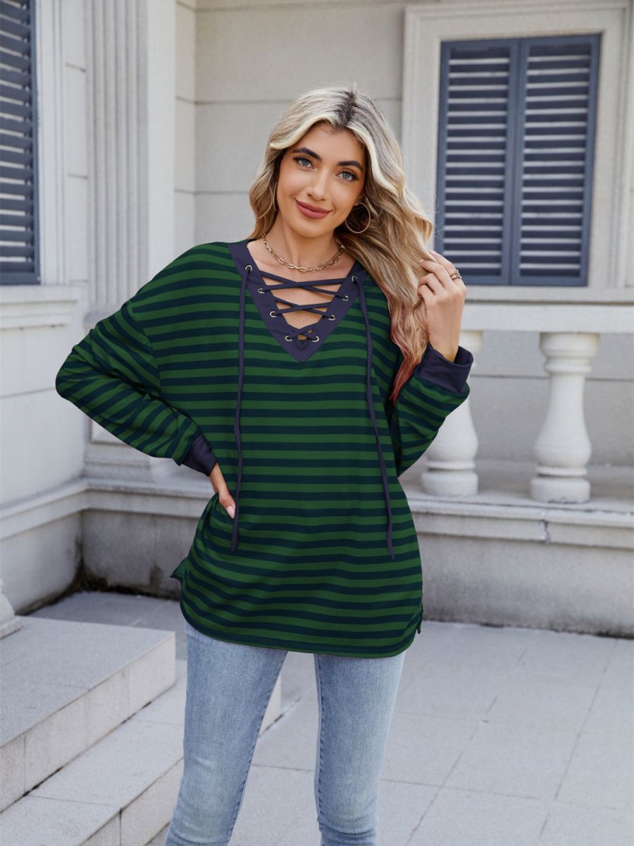 Lace - Up Striped Long Sleeve T-Shirt - Body Central