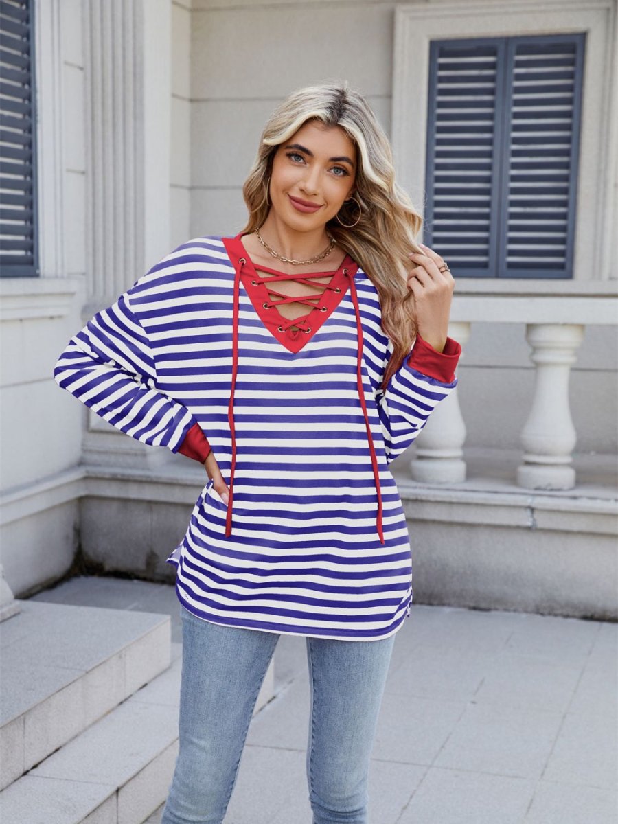 Lace - Up Striped Long Sleeve T-Shirt - Body Central