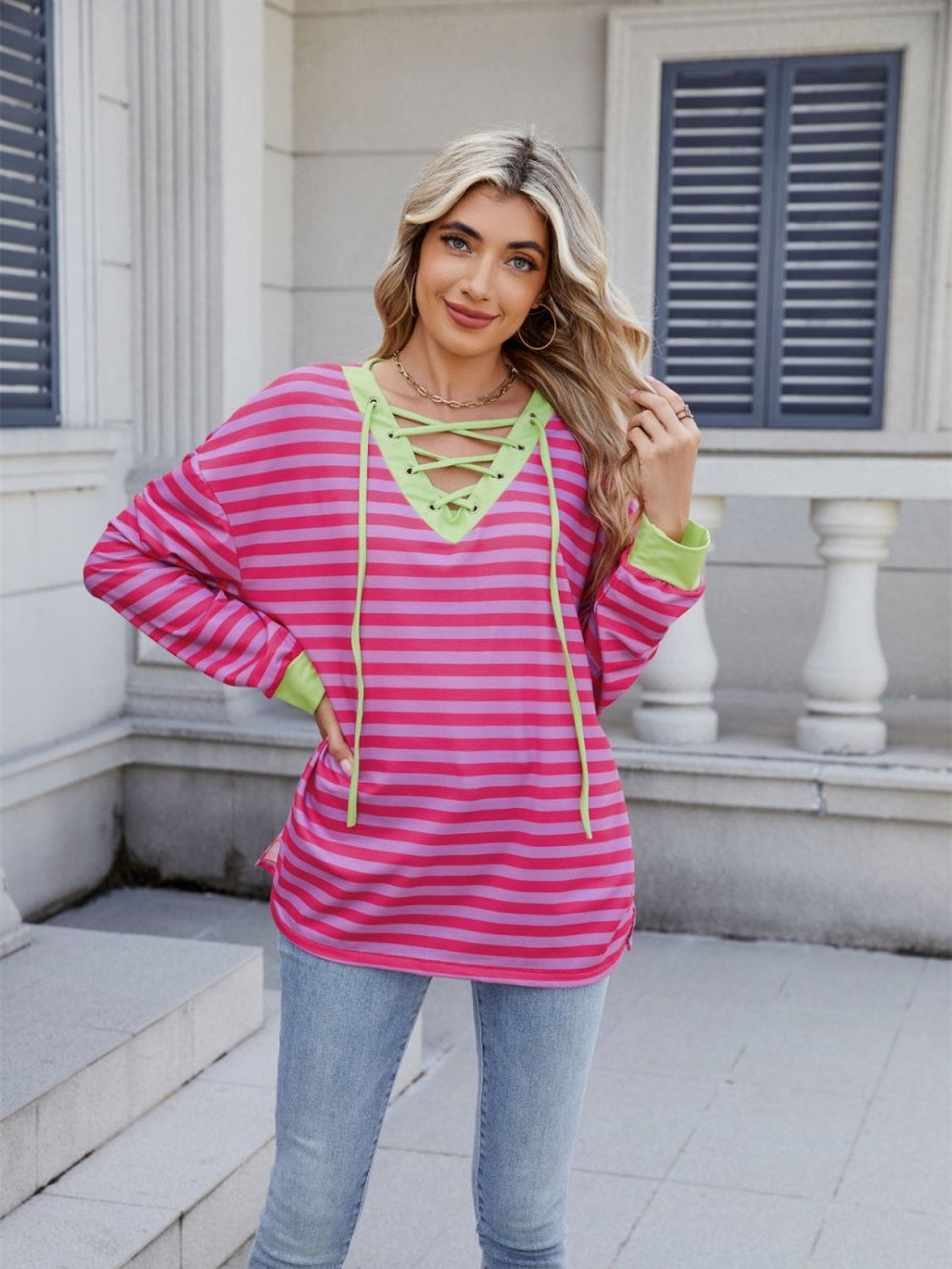 Lace - Up Striped Long Sleeve T-Shirt - Body Central