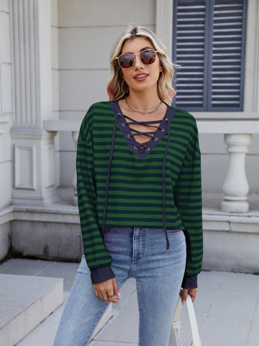 Lace - Up Striped Long Sleeve T-Shirt - Body Central