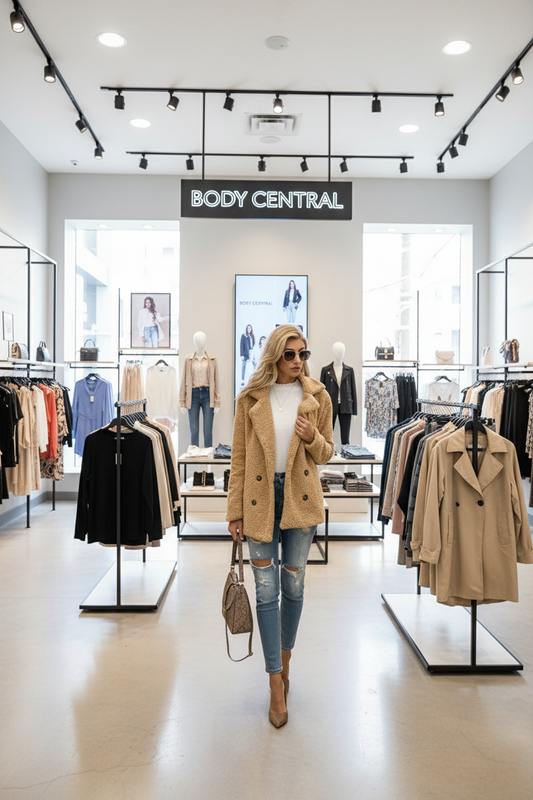 Woman walking through a clothing store with 'BODY CENTRAL' sign above.
