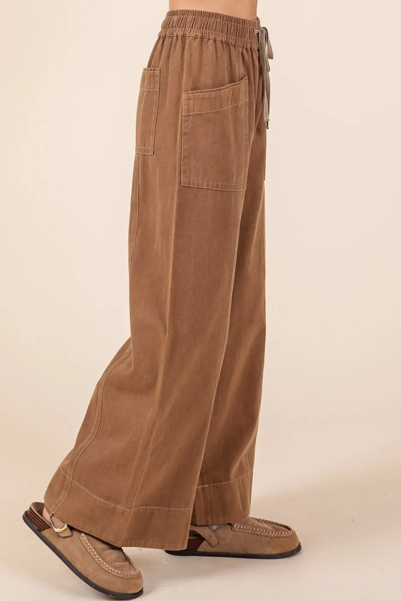 Mineral Wash Wide Leg Elastic Waist Twill Pants - Body Central