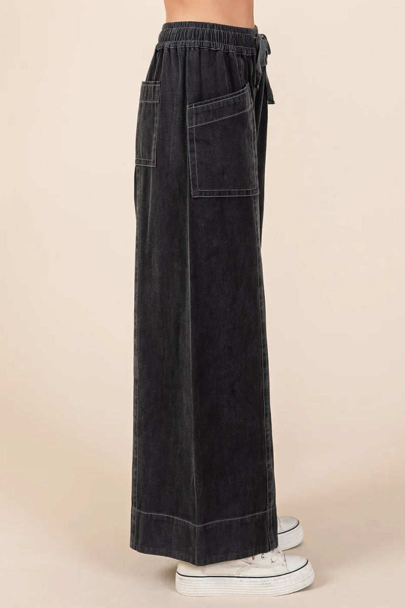 Mineral Wash Wide Leg Elastic Waist Twill Pants - Body Central