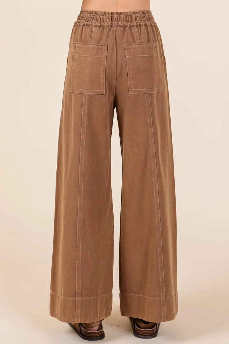 Mineral Wash Wide Leg Elastic Waist Twill Pants - Body Central