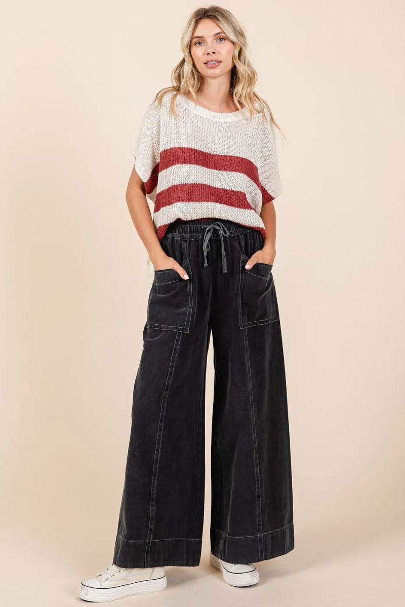 Mineral Wash Wide Leg Elastic Waist Twill Pants - Body Central