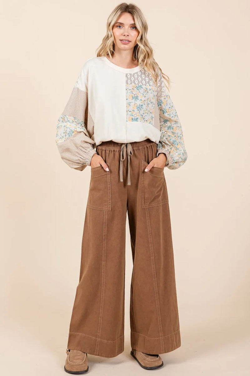 Mineral Wash Wide Leg Elastic Waist Twill Pants - Body Central