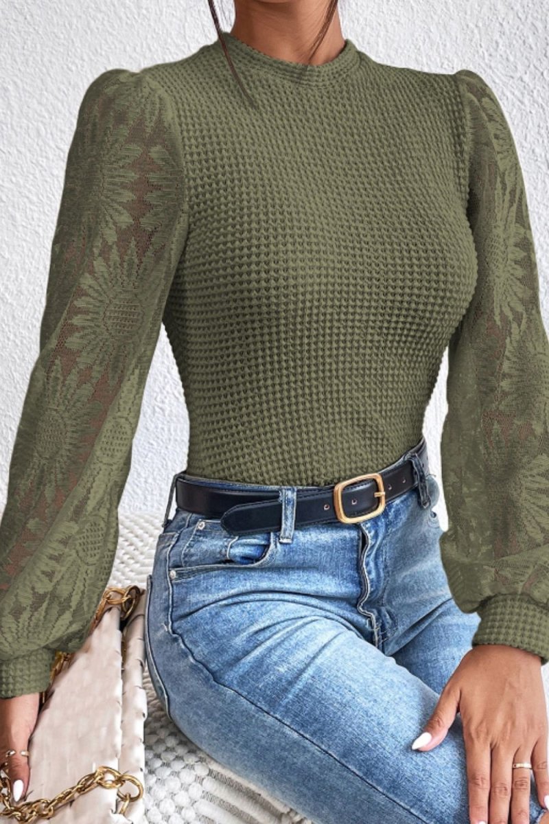 Mock Neck Lace Long Sleeve Top - Body Central