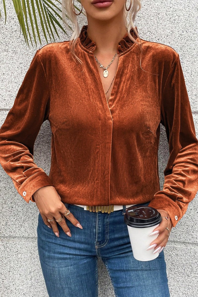 Notched Frill Detail Long Sleeve Blouse - Body Central