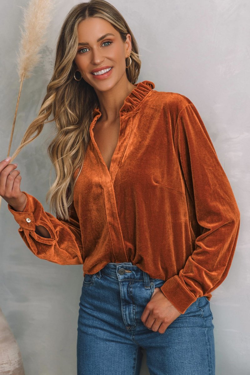 Notched Frill Detail Long Sleeve Blouse - Body Central
