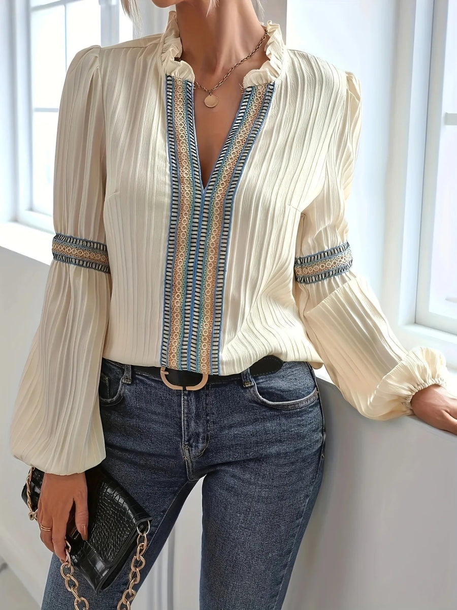 Notched Textured Balloon Sleeve Blouse - Body Central