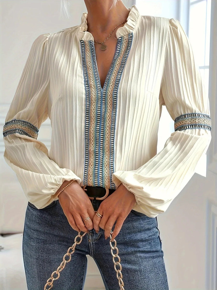 Notched Textured Balloon Sleeve Blouse - Body Central