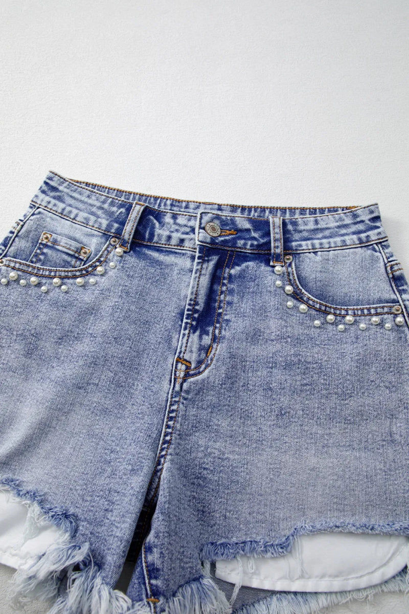 Pearl Studded Pockets Raw Hem Denim Shorts - Body Central