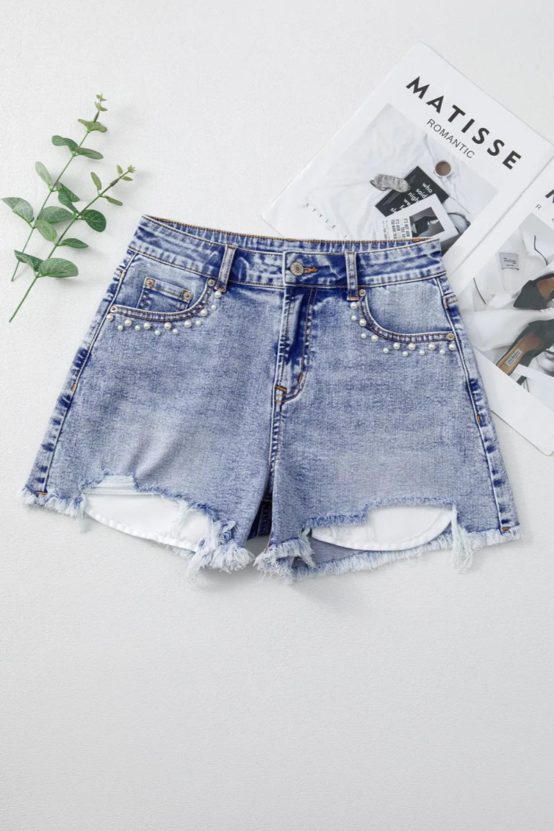 Pearl Studded Pockets Raw Hem Denim Shorts - Body Central