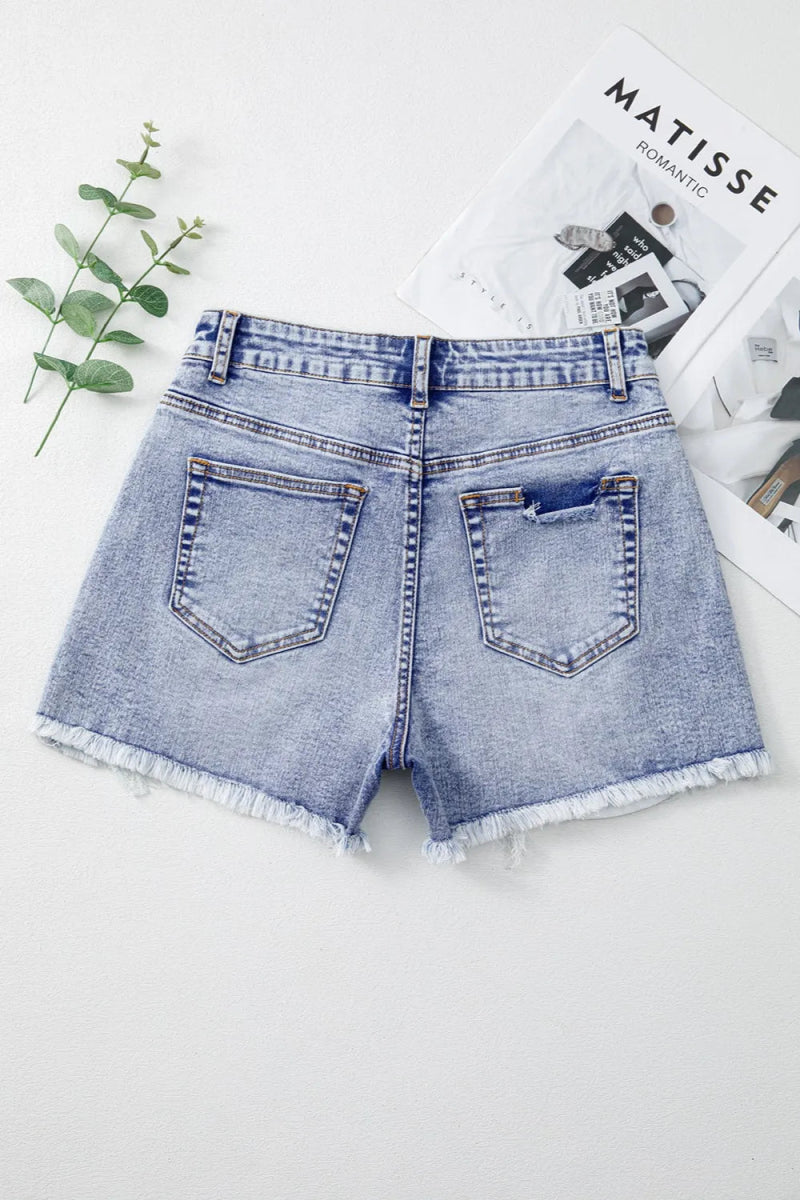Pearl Studded Pockets Raw Hem Denim Shorts - Body Central