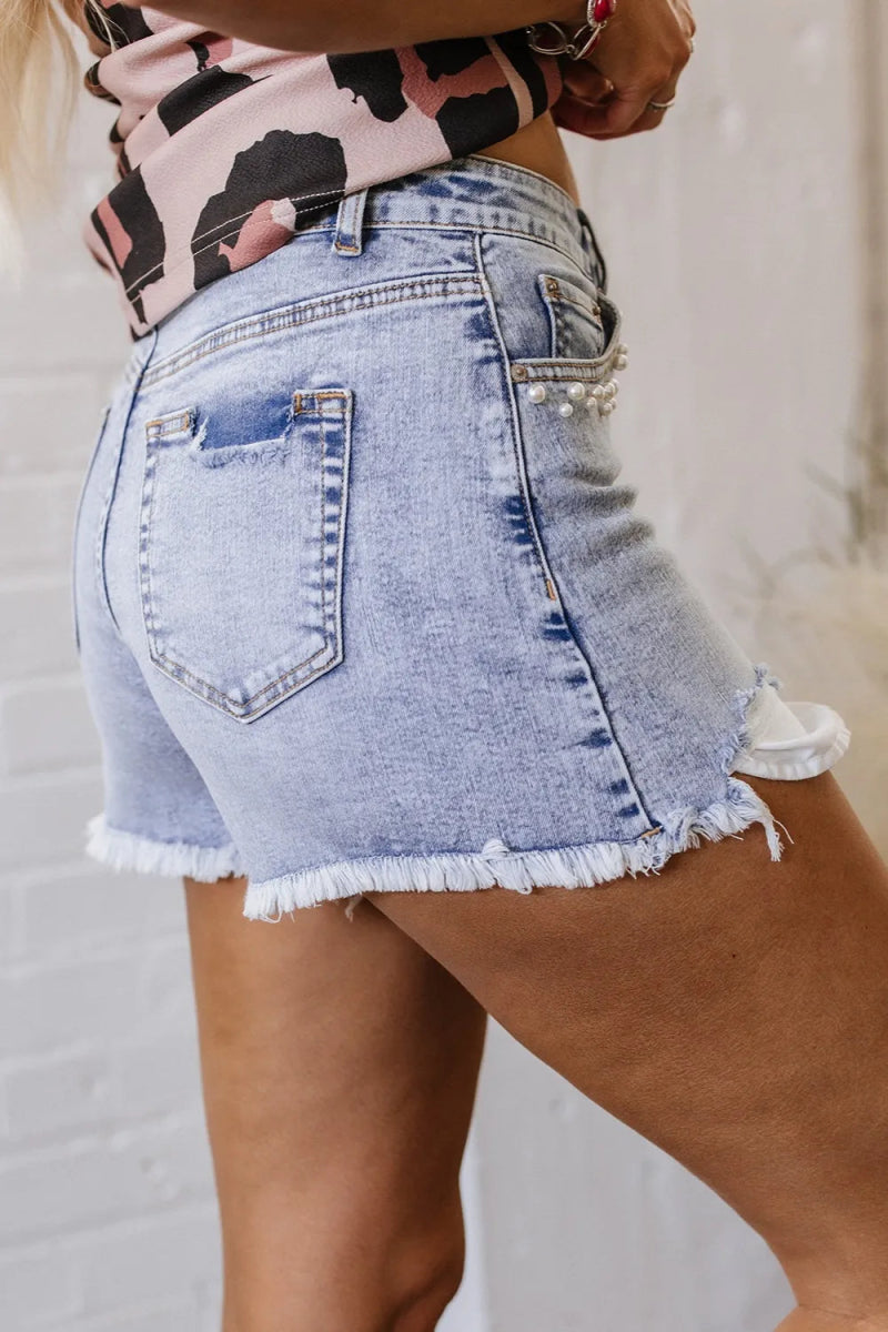 Pearl Studded Pockets Raw Hem Denim Shorts - Body Central