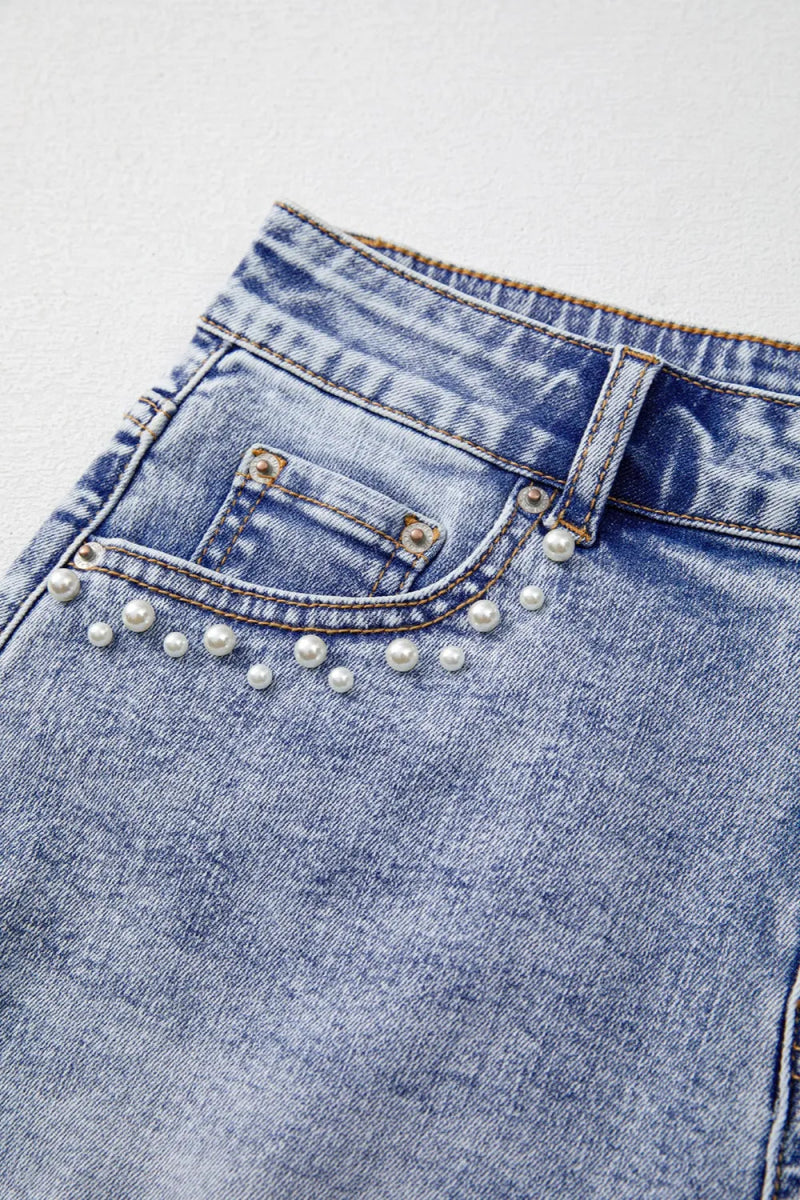 Pearl Studded Pockets Raw Hem Denim Shorts - Body Central