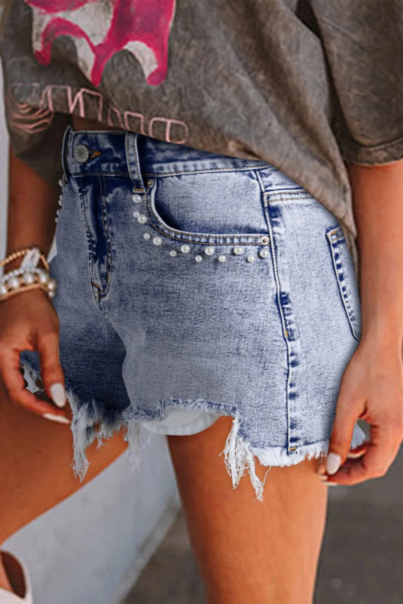Pearl Studded Pockets Raw Hem Denim Shorts - Body Central