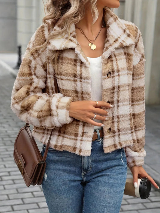 Plaid Button Up Collared Neck Long Sleeve Jacket - Body Central