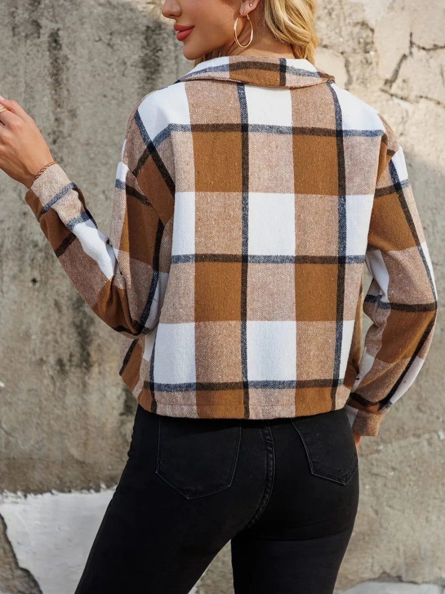 Plaid Collared Neck Cropped Jacket - Body Central
