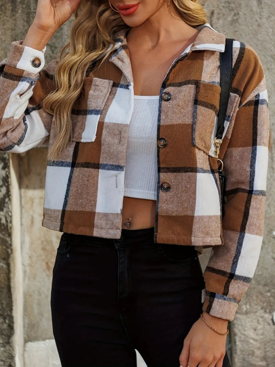 Plaid Collared Neck Cropped Jacket - Body Central