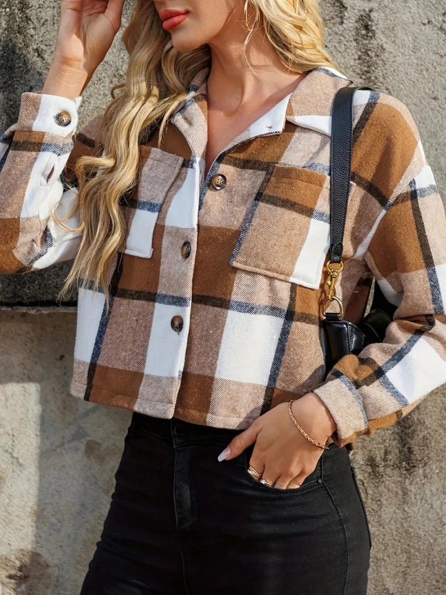 Plaid Collared Neck Cropped Jacket - Body Central