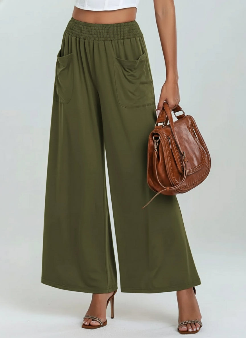 Pocketed Elastic Waist Wide Leg Pants - Body Central