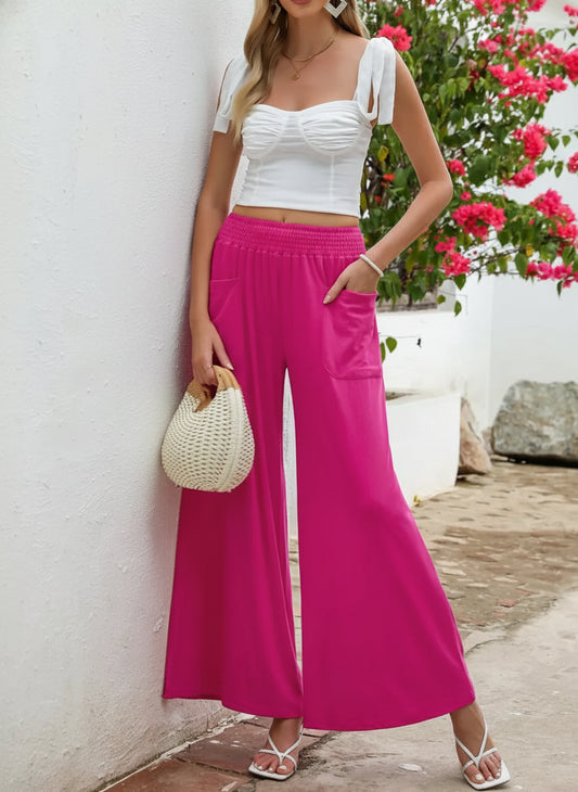 Pocketed Elastic Waist Wide Leg Pants - Body Central