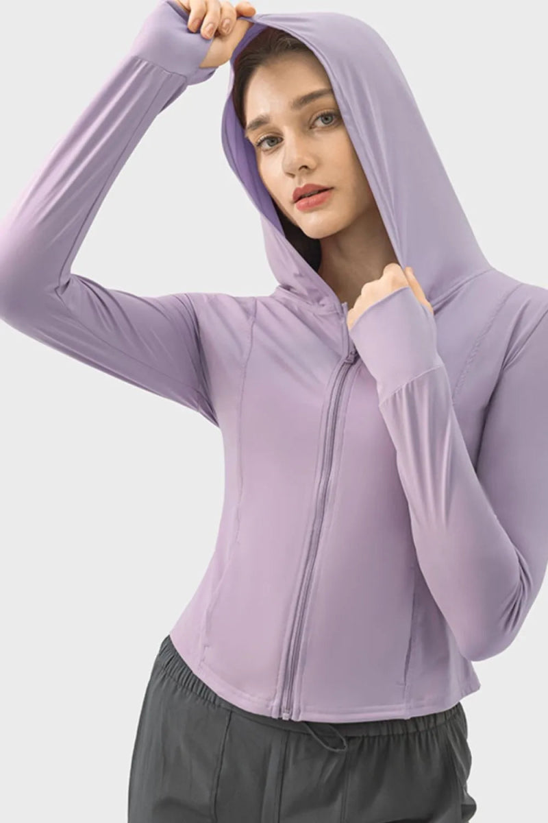 Pocketed Zip Up Hooded Long Sleeve Active Outerwear - Body Central