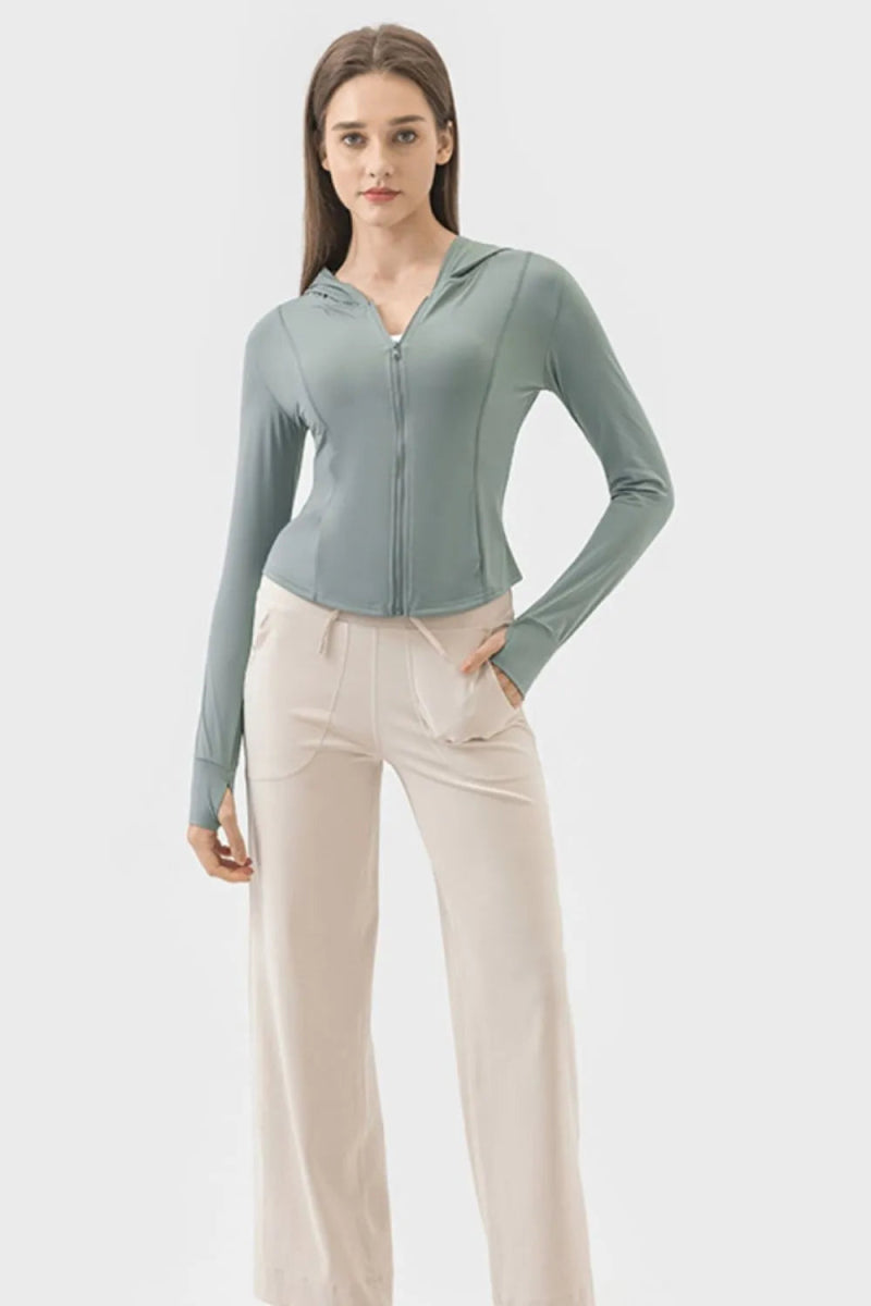 Pocketed Zip Up Hooded Long Sleeve Active Outerwear - Body Central