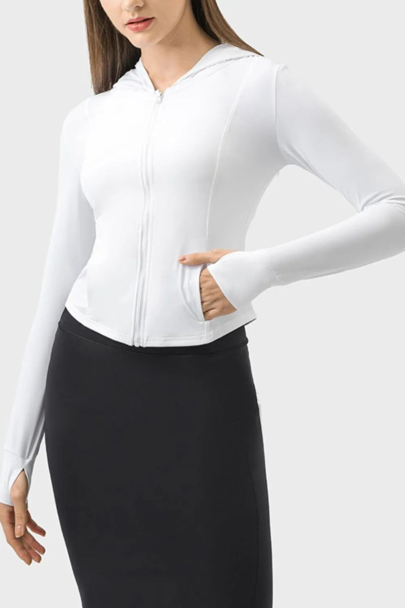 Pocketed Zip Up Hooded Long Sleeve Active Outerwear - Body Central