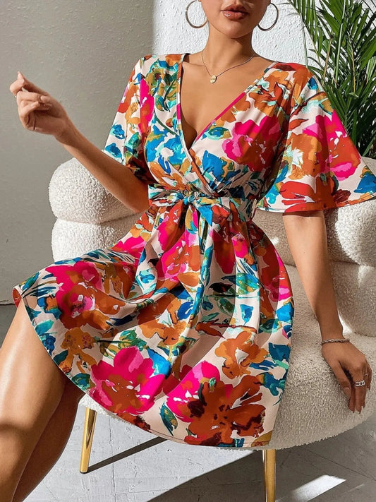 Printed Surplice Short Sleeve Mini Dress - Body Central