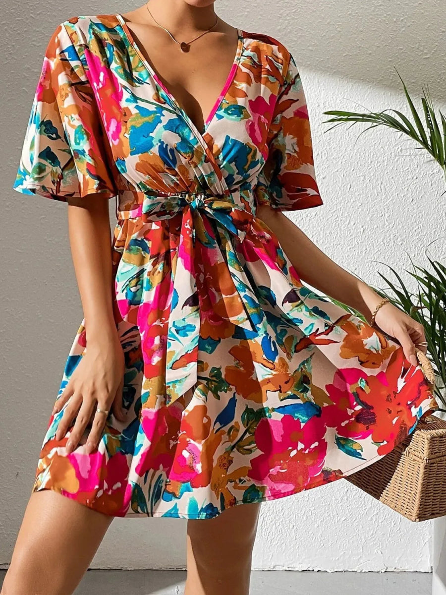 Printed Surplice Short Sleeve Mini Dress - Body Central