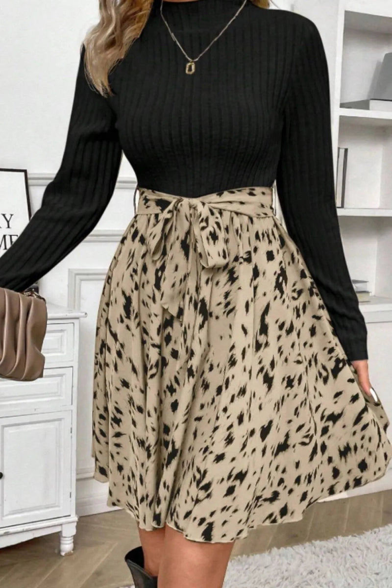 Printed Tie Waist Mock Neck Long Sleeve Dress - Body Central