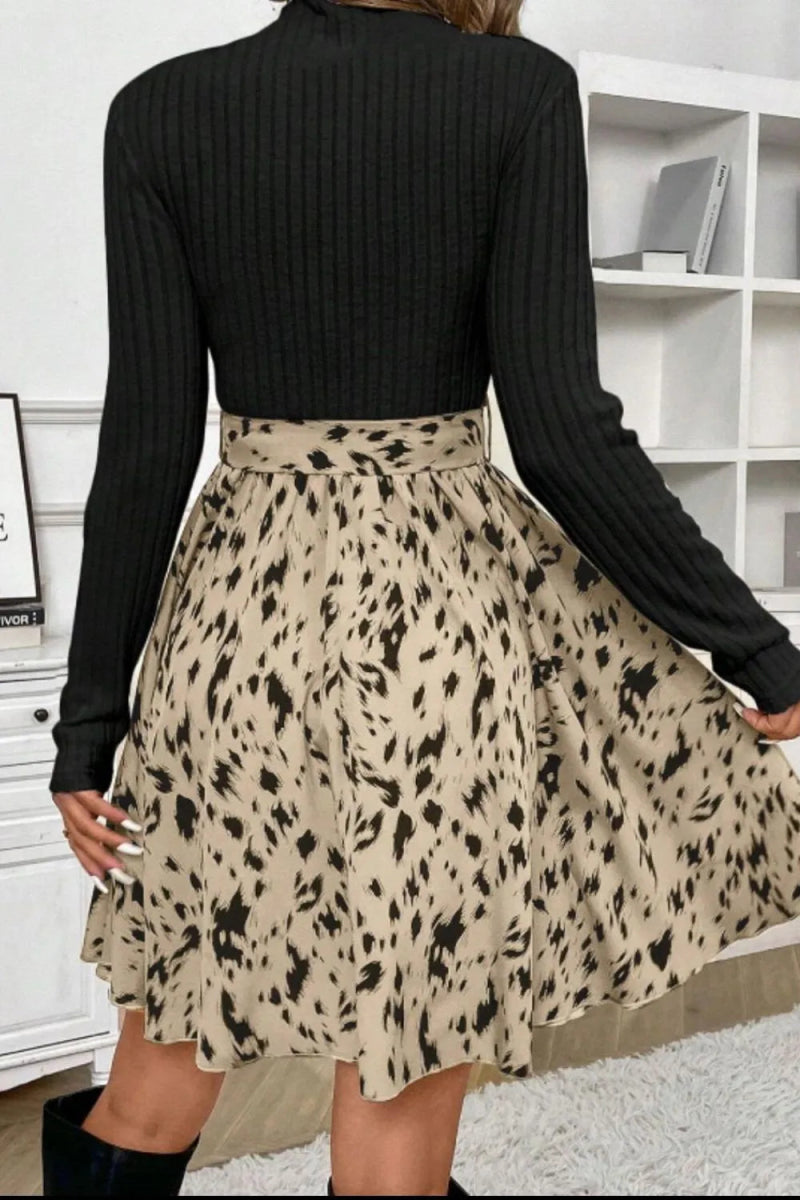 Printed Tie Waist Mock Neck Long Sleeve Dress - Body Central