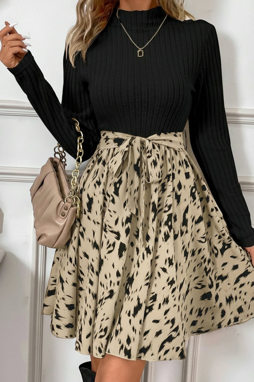 Printed Tie Waist Mock Neck Long Sleeve Dress - Body Central