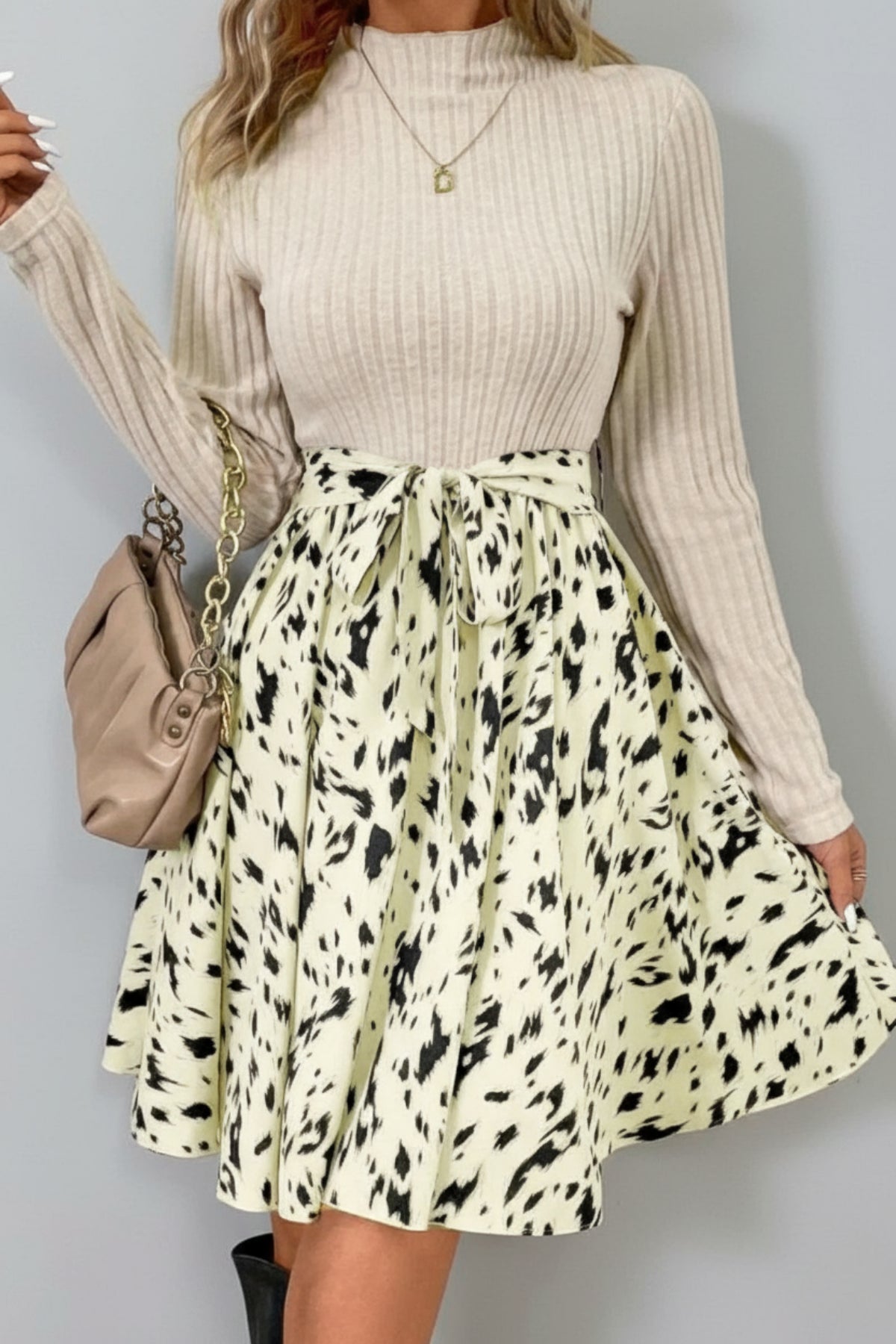 Printed Tie Waist Mock Neck Long Sleeve Dress - Body Central