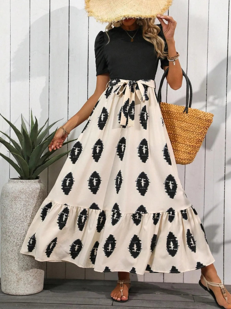 Printed Tie Waist Short Sleeve Maxi Dress - Body Central
