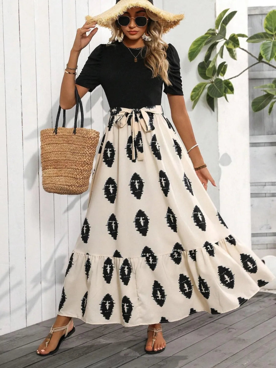 Printed Tie Waist Short Sleeve Maxi Dress - Body Central
